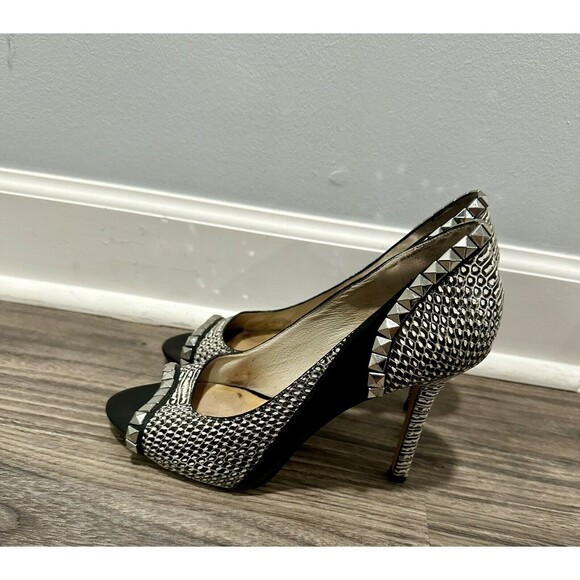 Michael Kors ELLA PEEP‎ Toe Black White Silver Studded Leather Heel Shoe Sz 9 - Picture 3 of 8